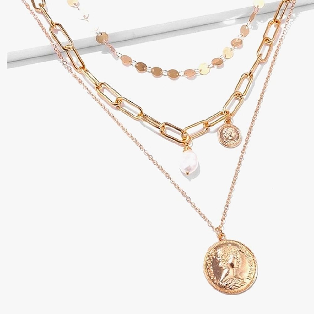 Hand Crafted Goldtone Coin & Pearl Layered Pendant Necklace